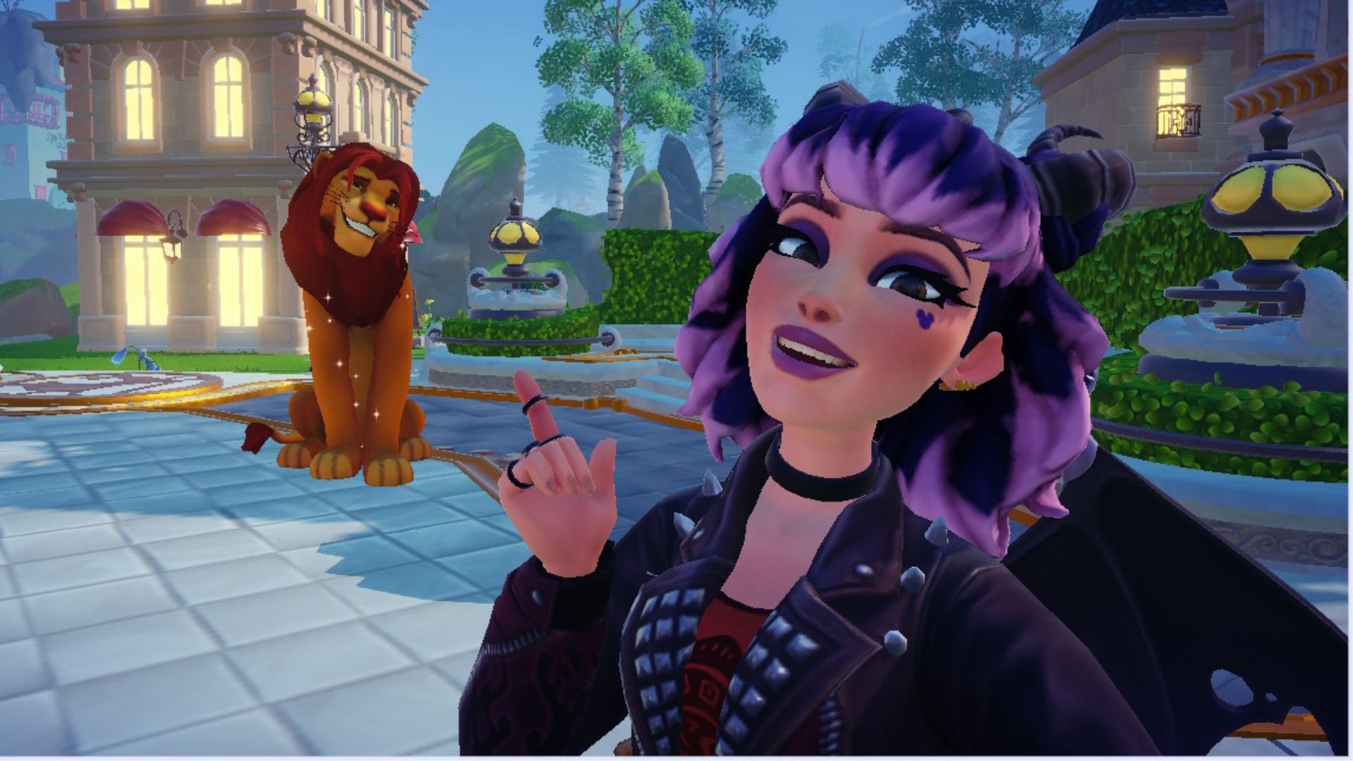 Simba posing witha  character for selfie in Disney Dreamlight Valley