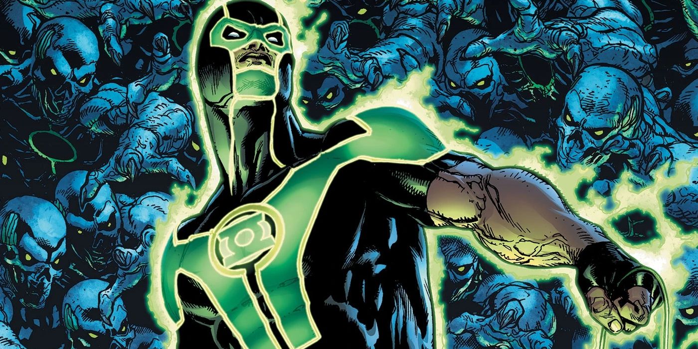 Simon Baz Green Lantern from DC Comics in front of menacing blue figures