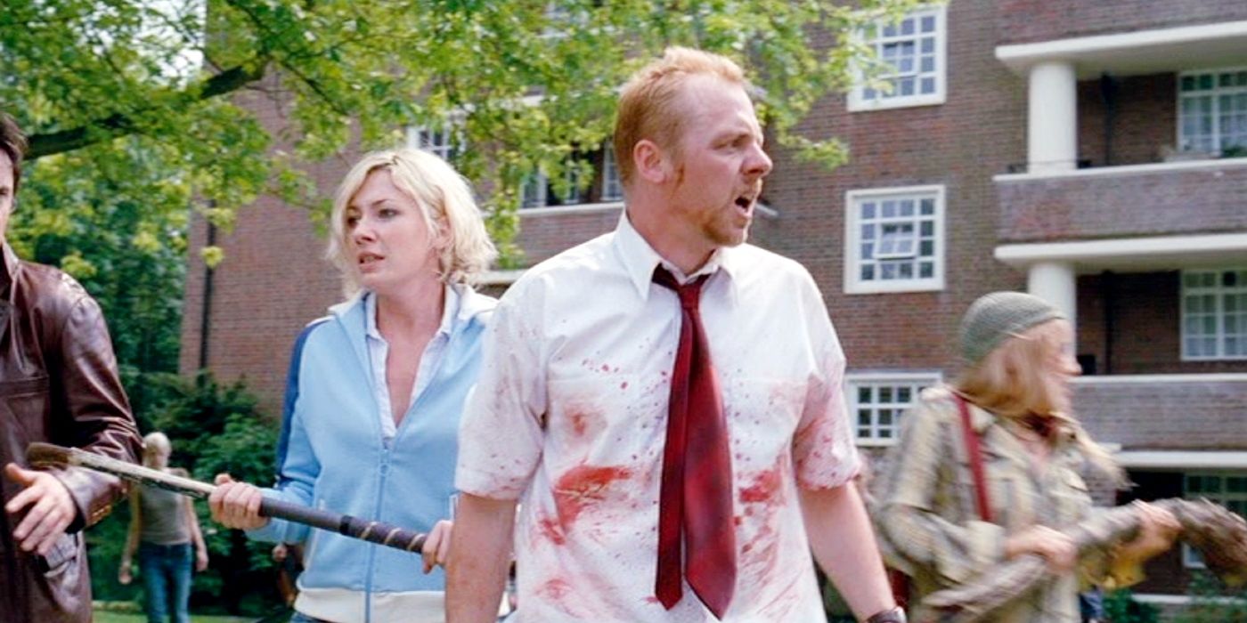 Simon Pegg and Kate Ashfield look bewildered in Shaun of the Dead.