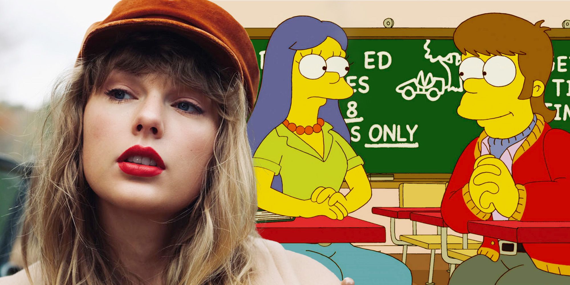Composite image of Taylor Swift with young Marge and Homer from The Simpsons