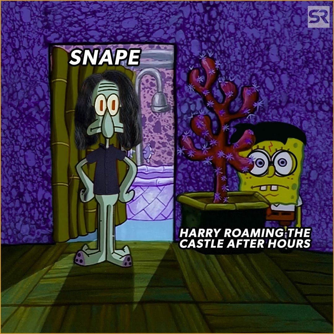 A Harry Potter meme featuring Squidward and SpongeBob as Harry and Snape