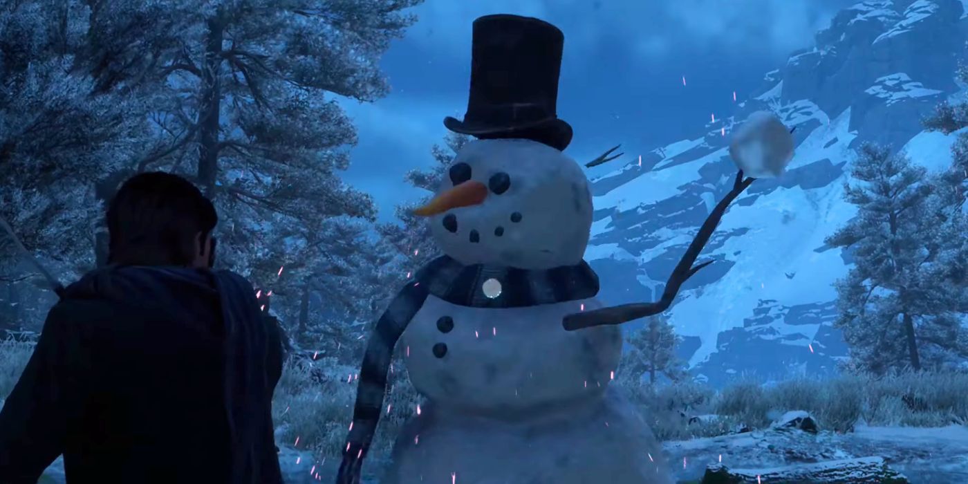 A snowman throwing a snowball at a student in Hogwarts Legacy.
