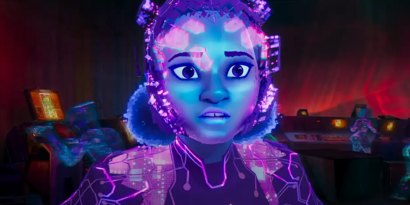 spider-byte in spider-man across the spider-verse trailer looking at the screen