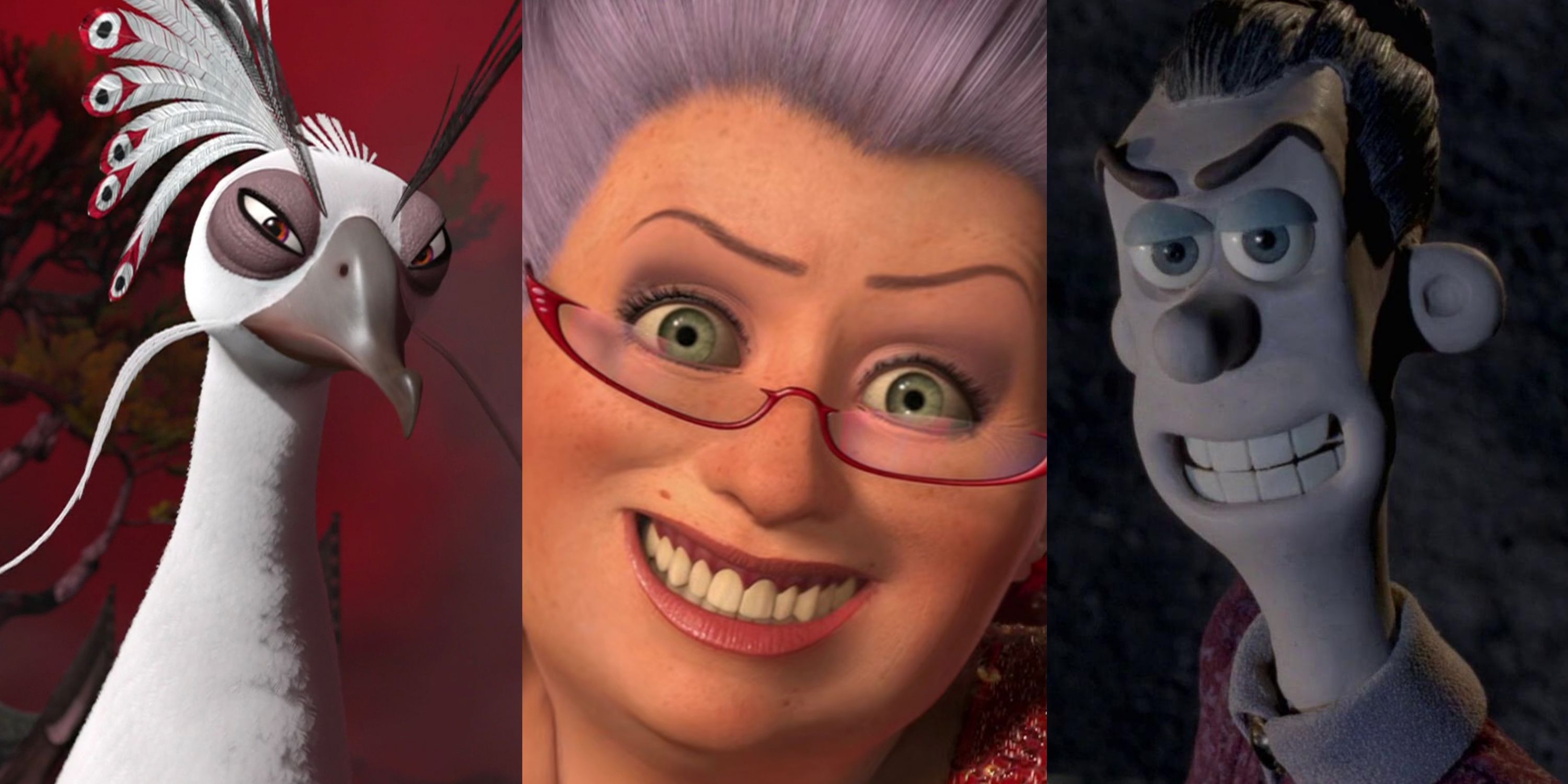 Split image of Shen, Fairy Godmother, and Mrs. Tweedy from DreamWorks movies