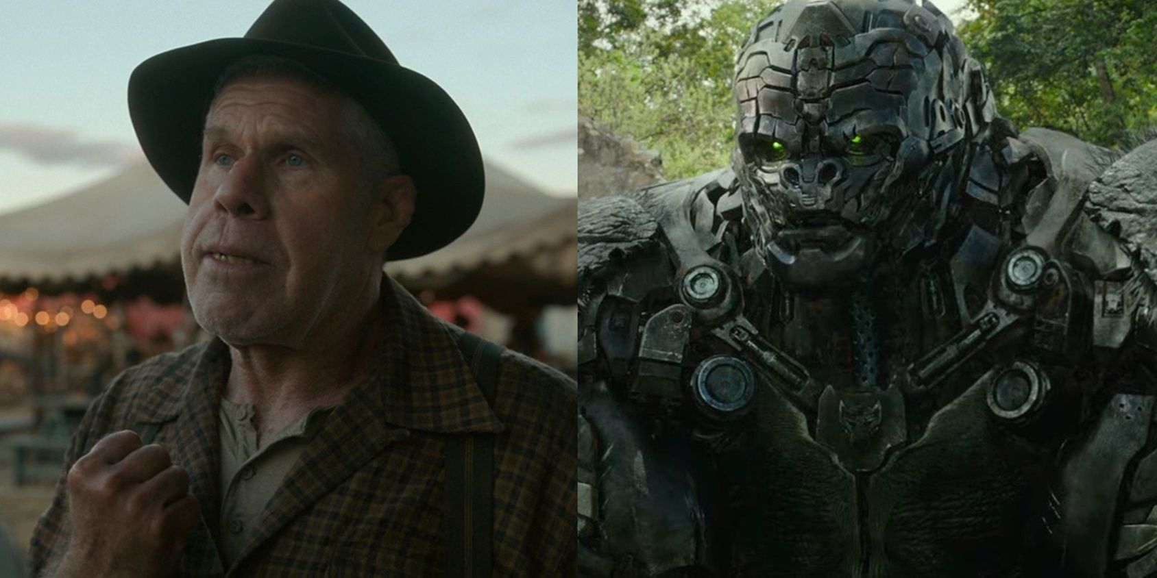 Split image of Ron Perlman in Nightmare Alley and Optimus Primal in Transformers Rise of the Beasts