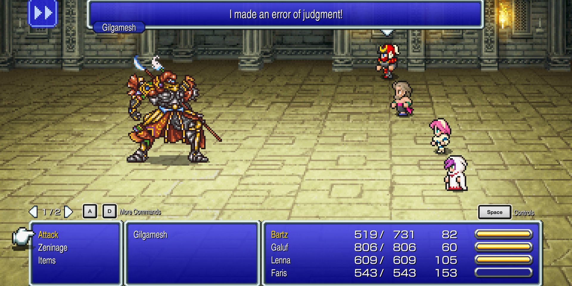 In FF5 Pixel Remaster, Bartz, Galuf, Lenna, and Faris face the oversized samurai Gilgamesh, who declares, 