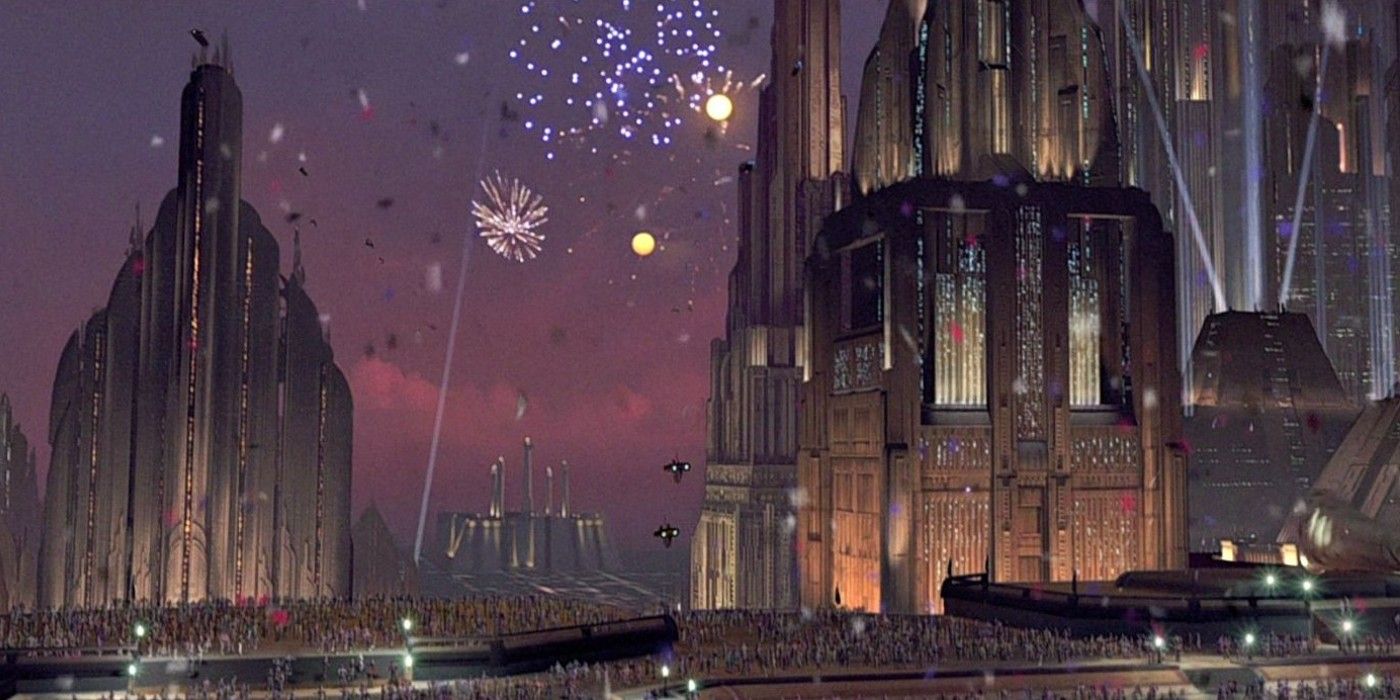 Star Wars' Coruscant during a celebration in Return of the Jedi.