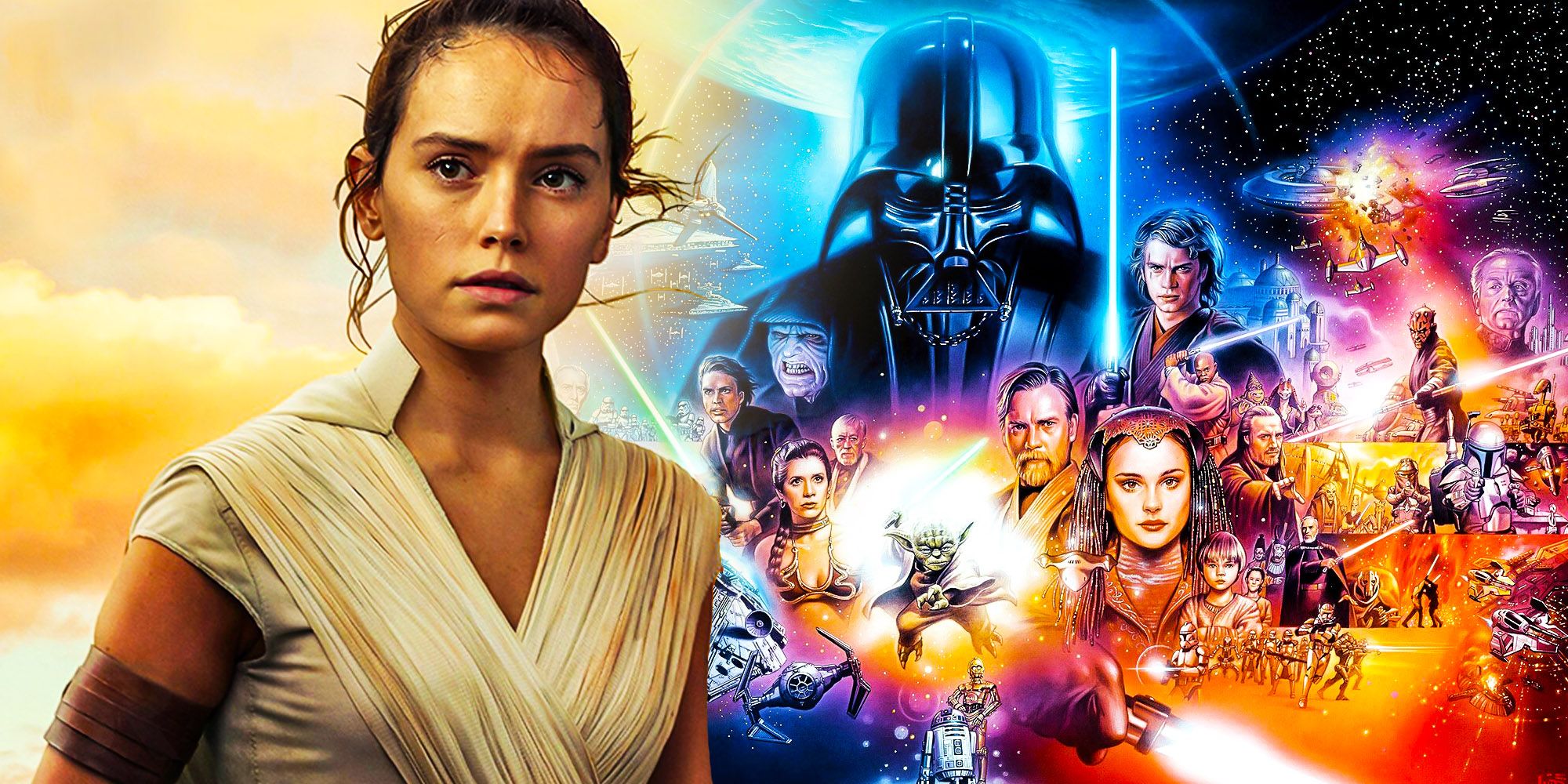 La imagen de Rey a la derecha junto a imágenes de todos los personajes principales de la galaxia Star Wars. 