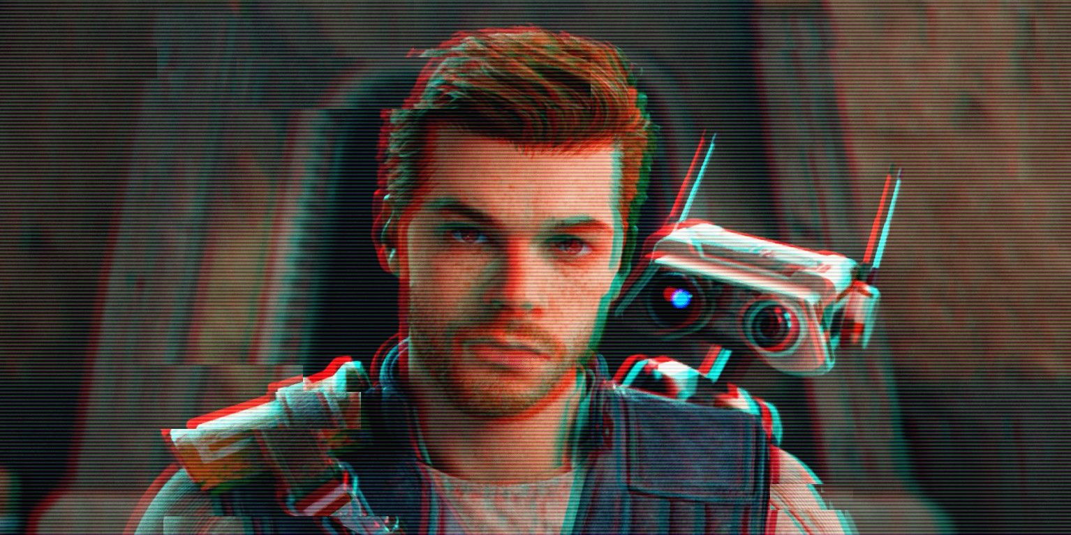A glitchy image of Star Wars Jedi Survivor&rsquo;s Cal Kestis with droid BD-1 on his shoulder.