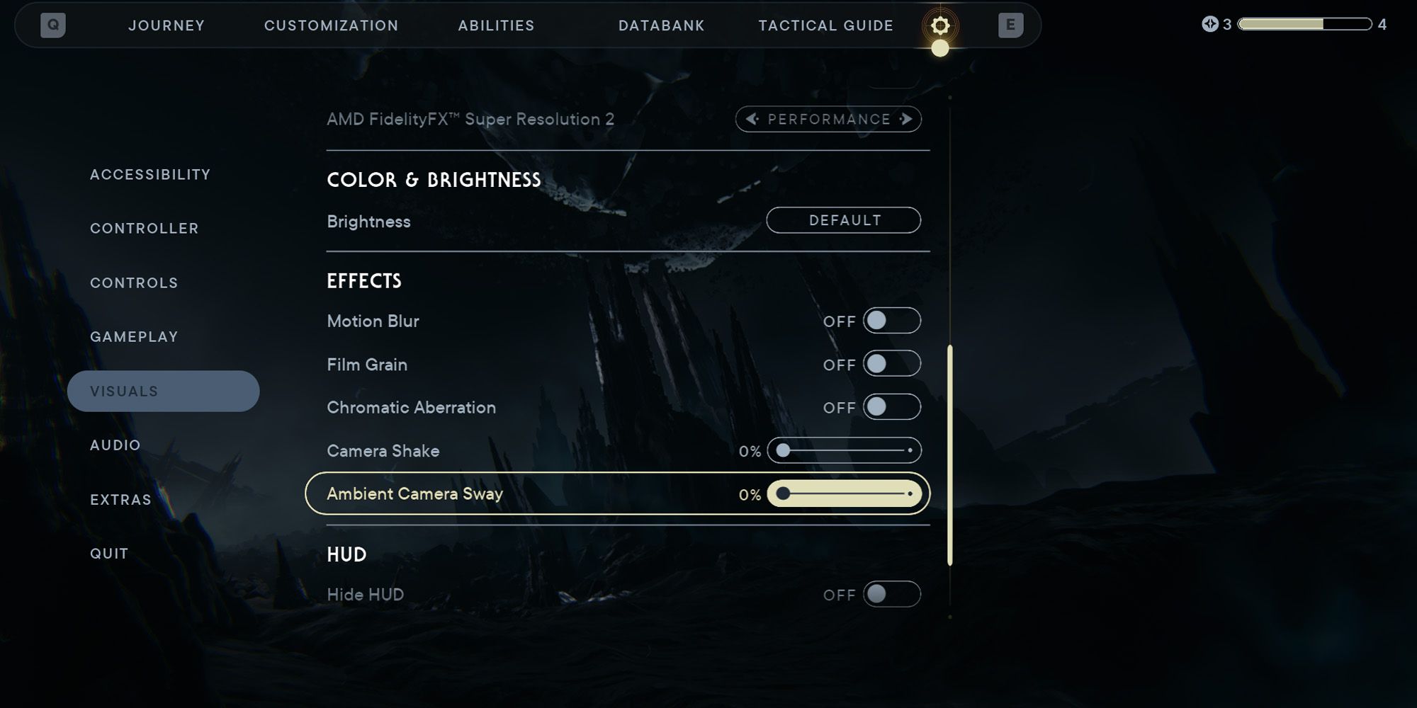 captura de tela do menu visual no sobrevivente jedi de star wars destacando a opção de oscilação da câmera ambiente
