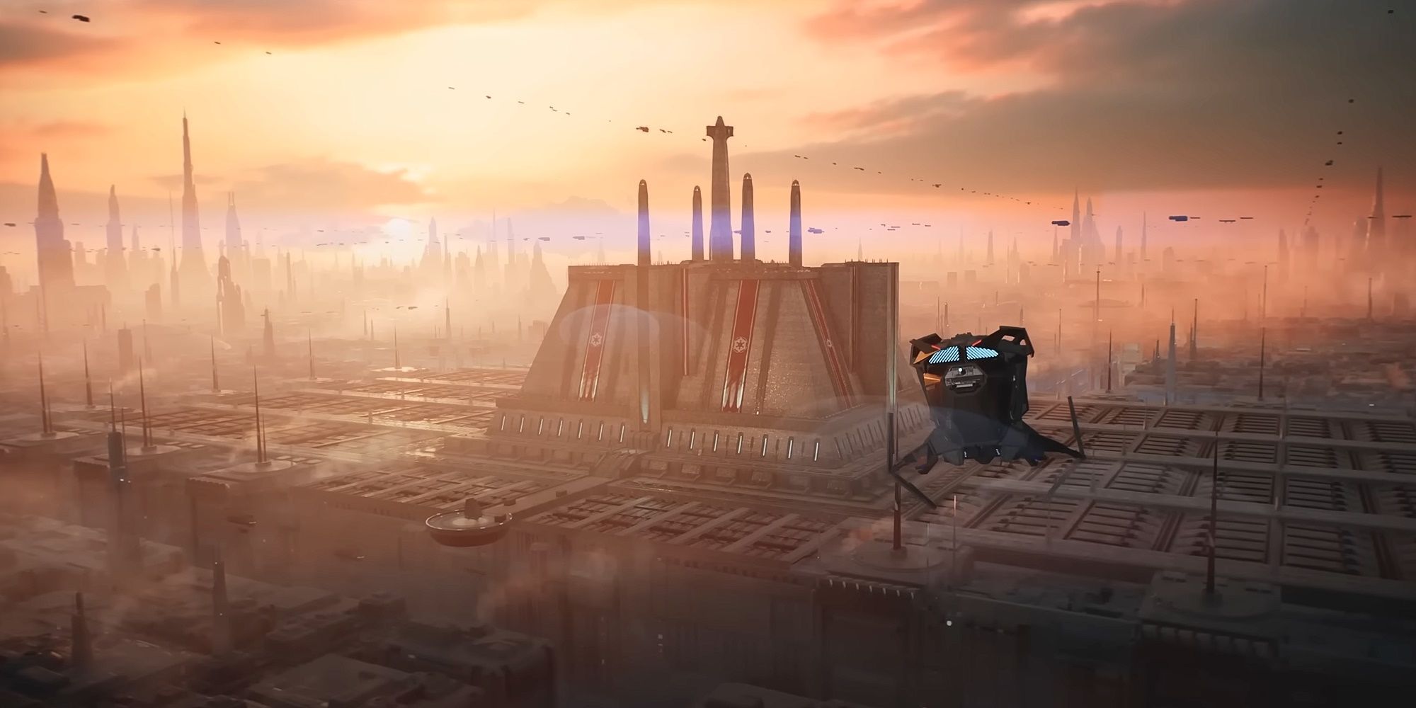 The sunsets behind the Jedi Temple on Coruscant as a small ship flies towards it