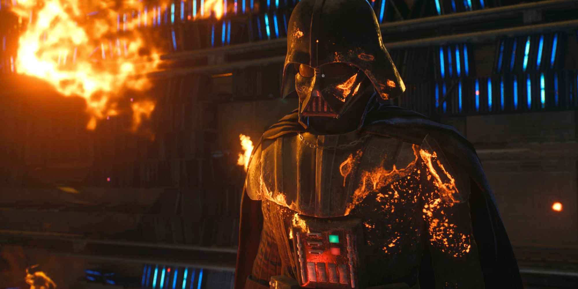 Darth Vader as he appears in Star Wars Jedi: Survivor, with part of his suit on fire as he duels Cere Junda in her burning archive on Jedha.
