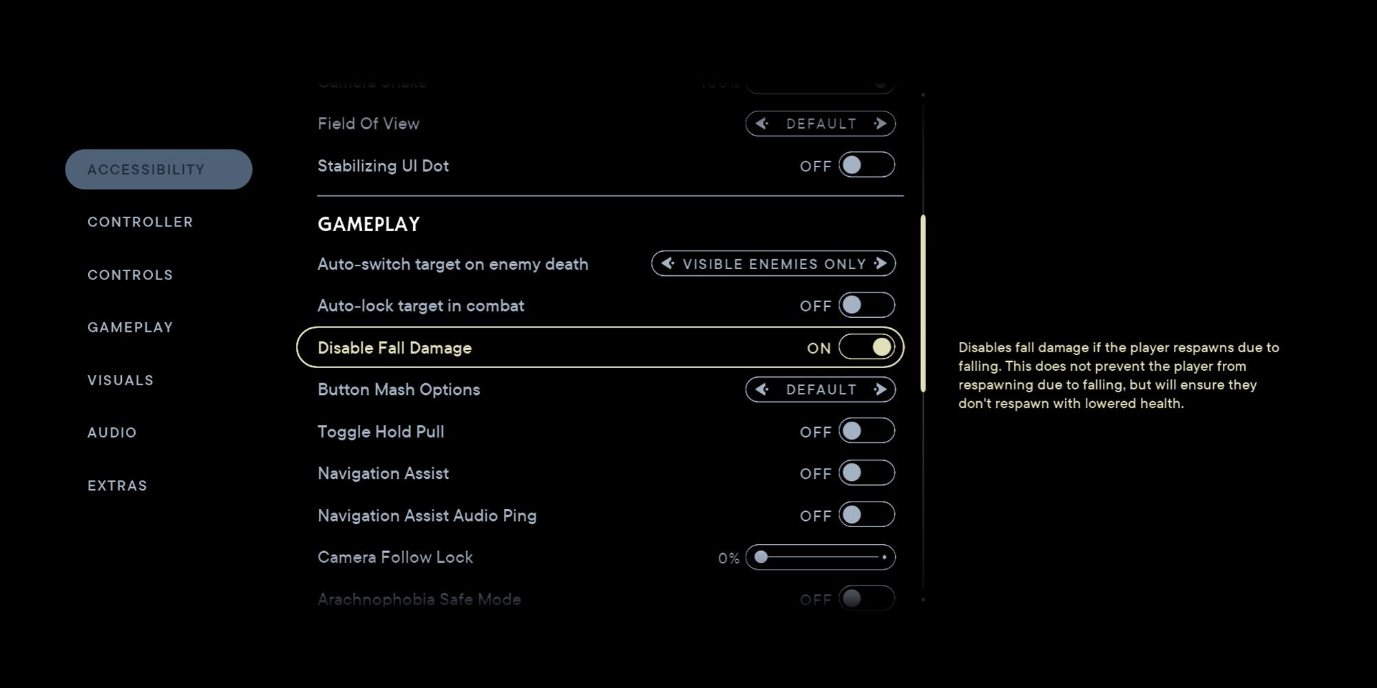 captura de tela do menu de acessibilidade no sobrevivente de Star Wars Jedi destacando a opção de desabilitar dano de queda