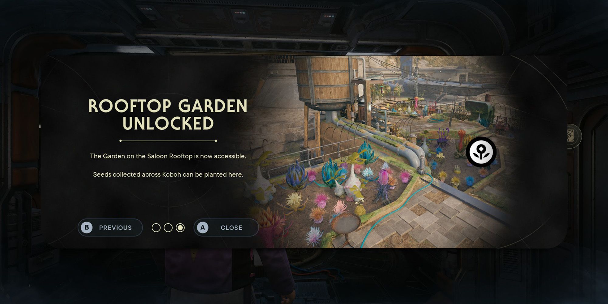 screenshot of a screen in star wars jedi survivor alerting the player that the rooftop garden has been unlocked