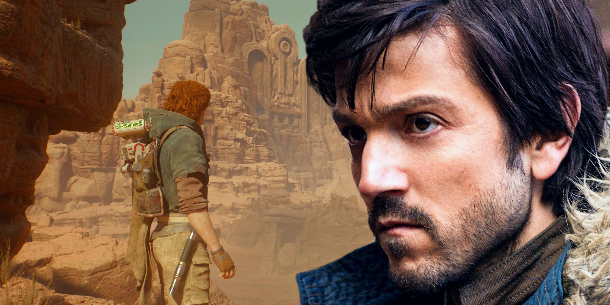 A close-up of Cassian Andor from Rogue One next to Cal standing on Jedha in Star Wars Jedi: Survivor.