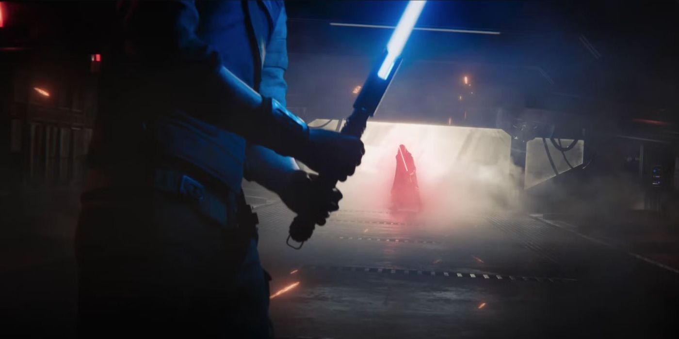 Star Wars Jedi Survivor, Cal holding a blue lightsaber and facing off against an enemy with a red one in the distance