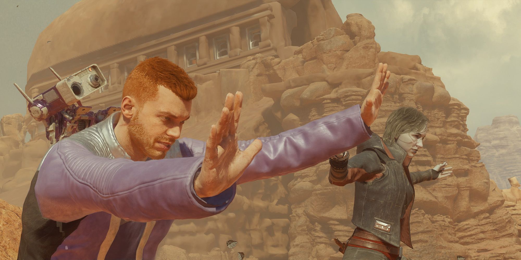 screenshot of a cutscene in star wars jedi survivor cal kestis and Nightsister Merrin using the force with arms outstretched