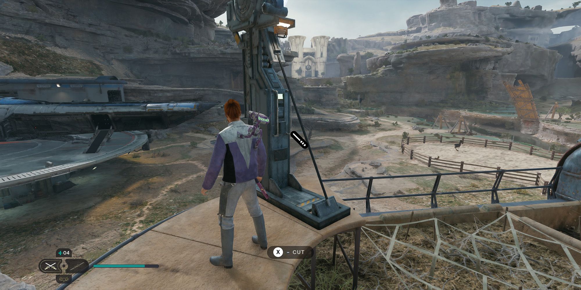 screenshot of cal kestis in star wars jedi survivor on top of the rooftop garden near a shortcut