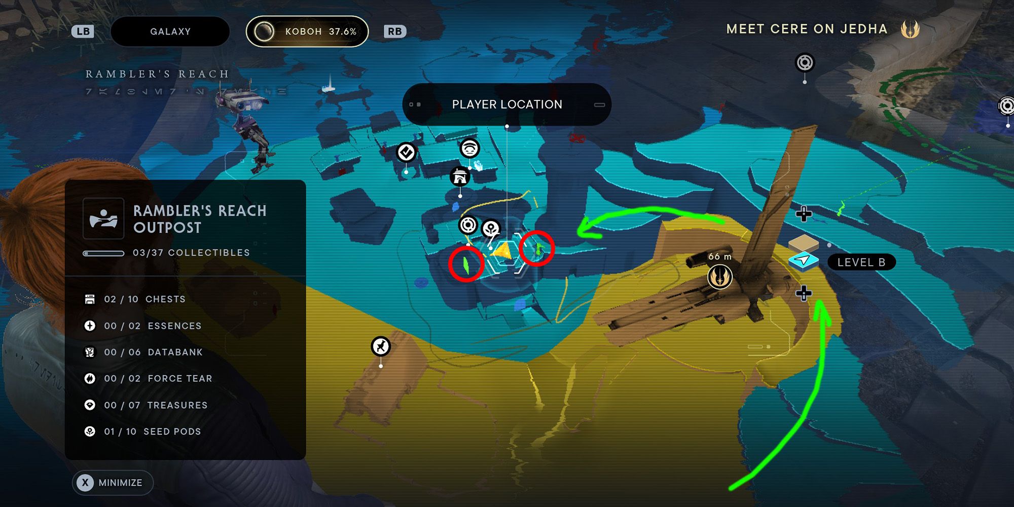 map in star wars jedi survivor highlighting the route to the rooftop garden