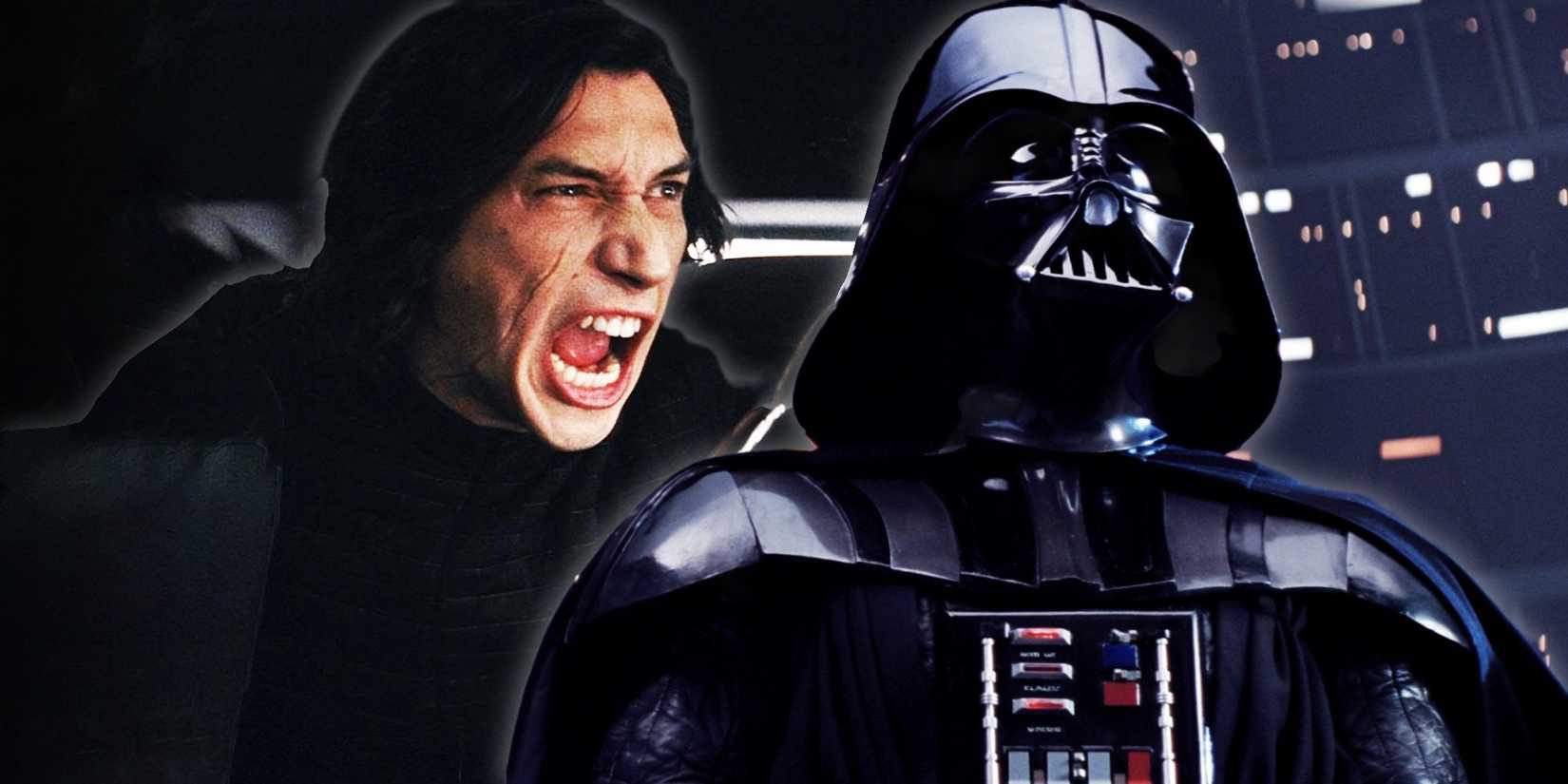 Kylo Ren screaming in The Last Jedi to the left and Darth Vader in The Empire Strikes Back to the right