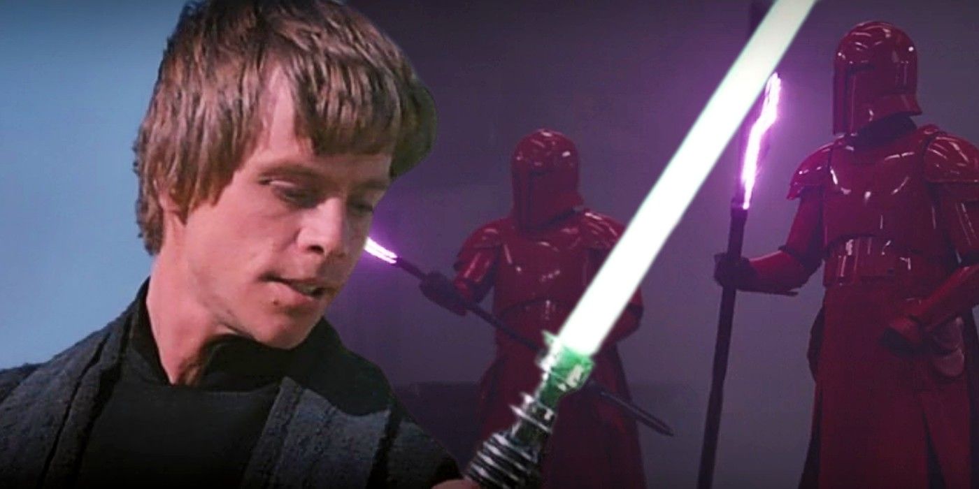 Luke Skywalker with lightsaber and Praetorian Guards in The Mandalorian.
