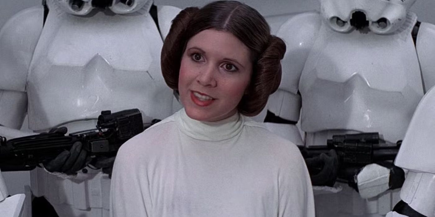 Carrie Fisher as Princess Leia surrounded by Stormtroopers in Star Wars: Episode IV - A New Hope