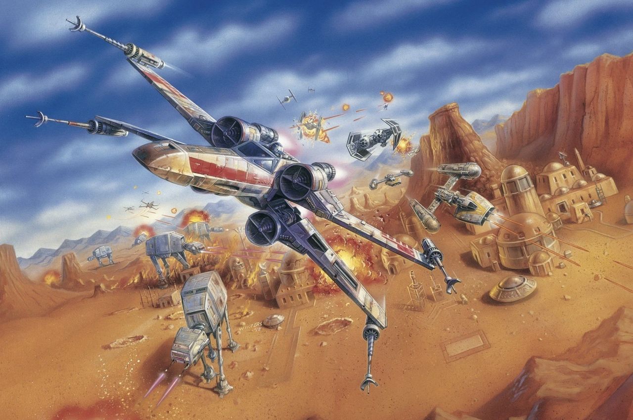 Pertempuran udara di atas kota gurun di Tatooine, menggambarkan X-Wings dan TIE Fighters dalam pertempuran udara atas AT-AT walker.