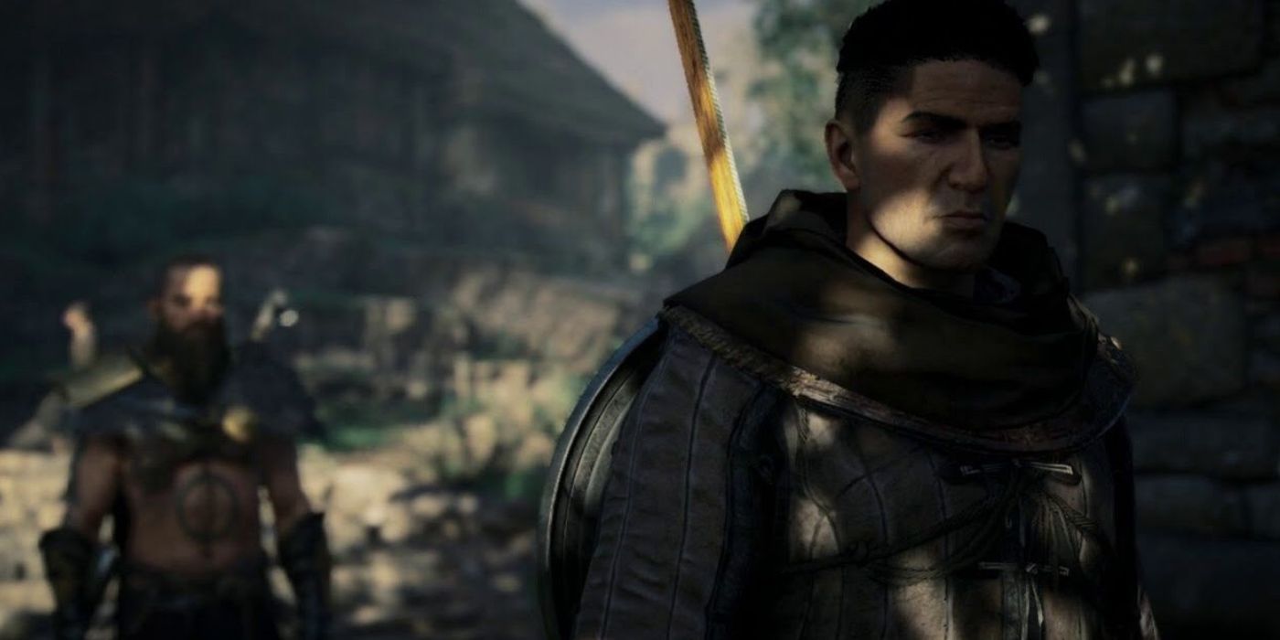A close-up of Stowe from Assassin's Creed Valhalla, his face obscured in shadow.