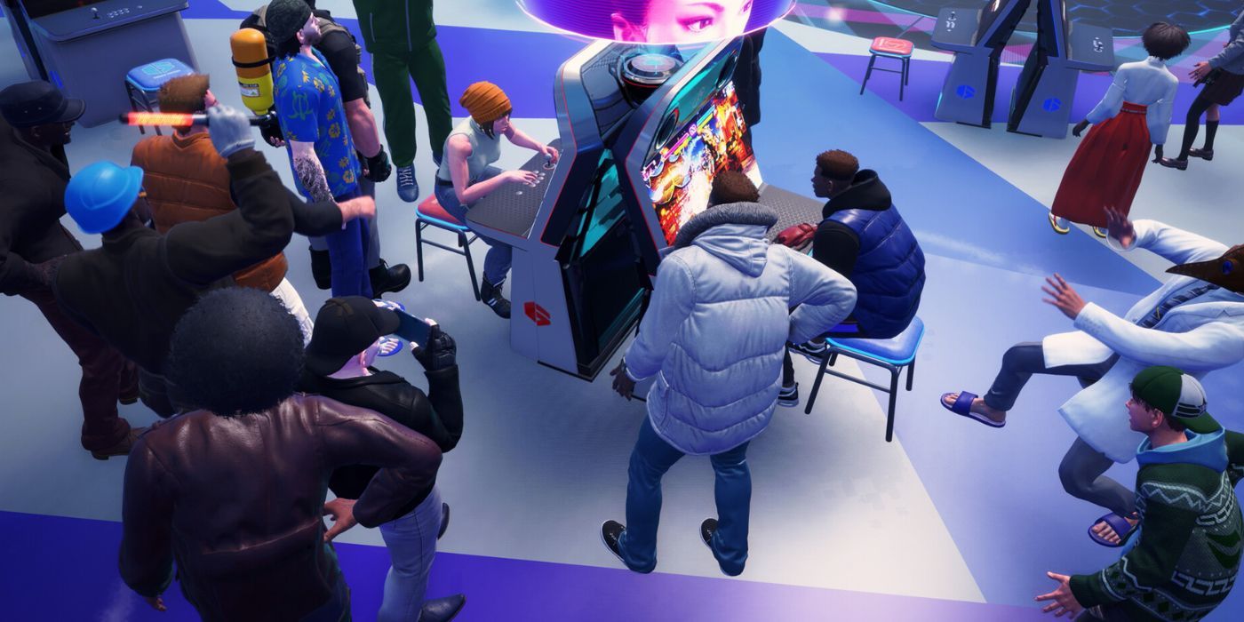 A group of player avatars huddled around two arcade machines in Street Fighter 6's Battle Hub.