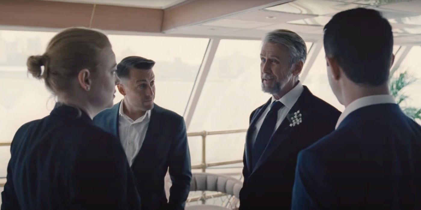 Sarah Snook, Kieran Culkin, Alan Ruck, and Jeremy Strong as Shiv, Roman, Connor, and Kendall Roy talking at Connor's wedding in Succession season 4, episode 3