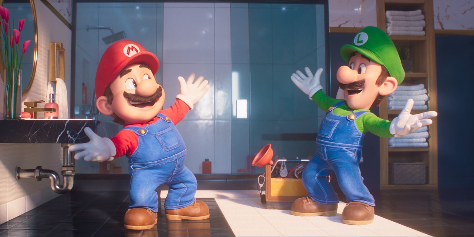 Mario and Luigi looking excited, raising their hands