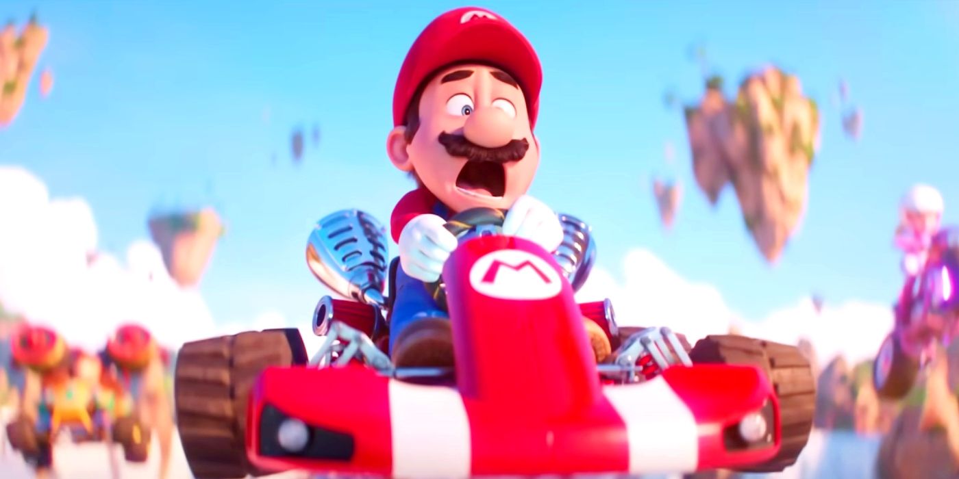 Chris Pratt as Mario rides his kart in The Super Mario Bros Movie.