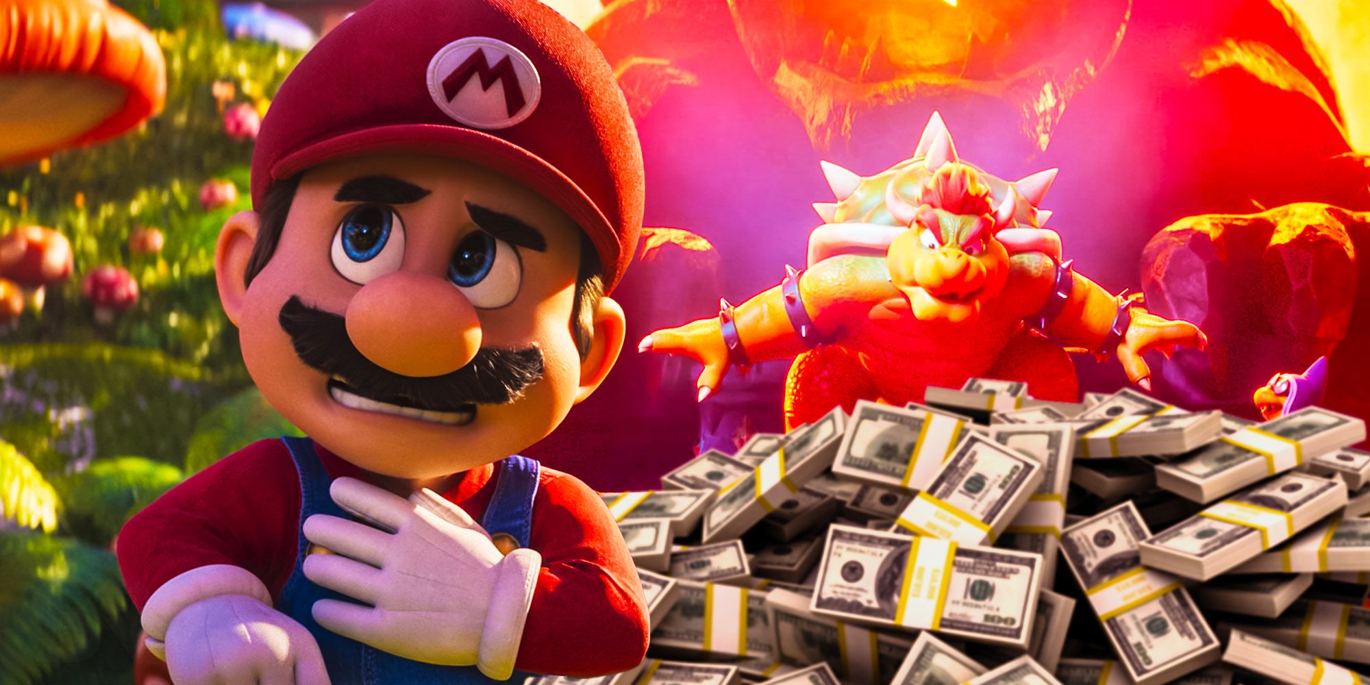 Super mario bros movie Mario looking scared with Bowser on top of money