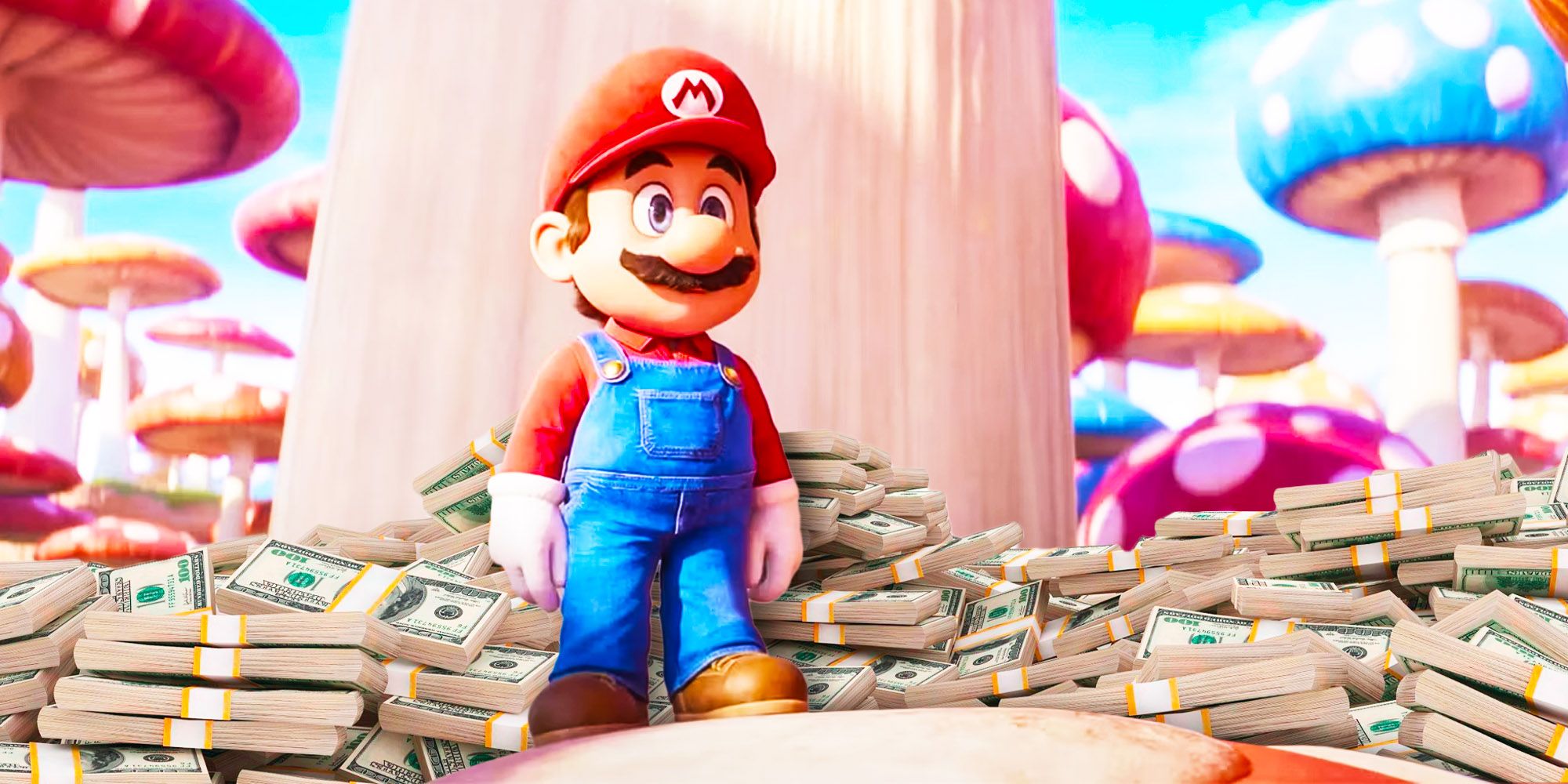 Mario surrounded by cash in Mushroom Kingdom in Super Mario Bros Movie