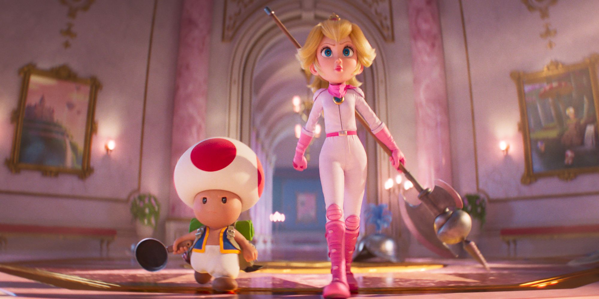 super mario bros. movie princess peach and toad going into battle