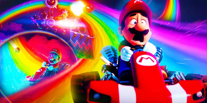 Mario driving on Rainbow Road in The Super Mario Bros Movie