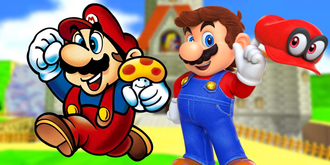 Artwork of Mario from the original Super Mario Bros. next to a render of Mario and Cappy from Super Mario Odyssey, both in front of a blurred background of Peach's Castle from Super Mario 64.