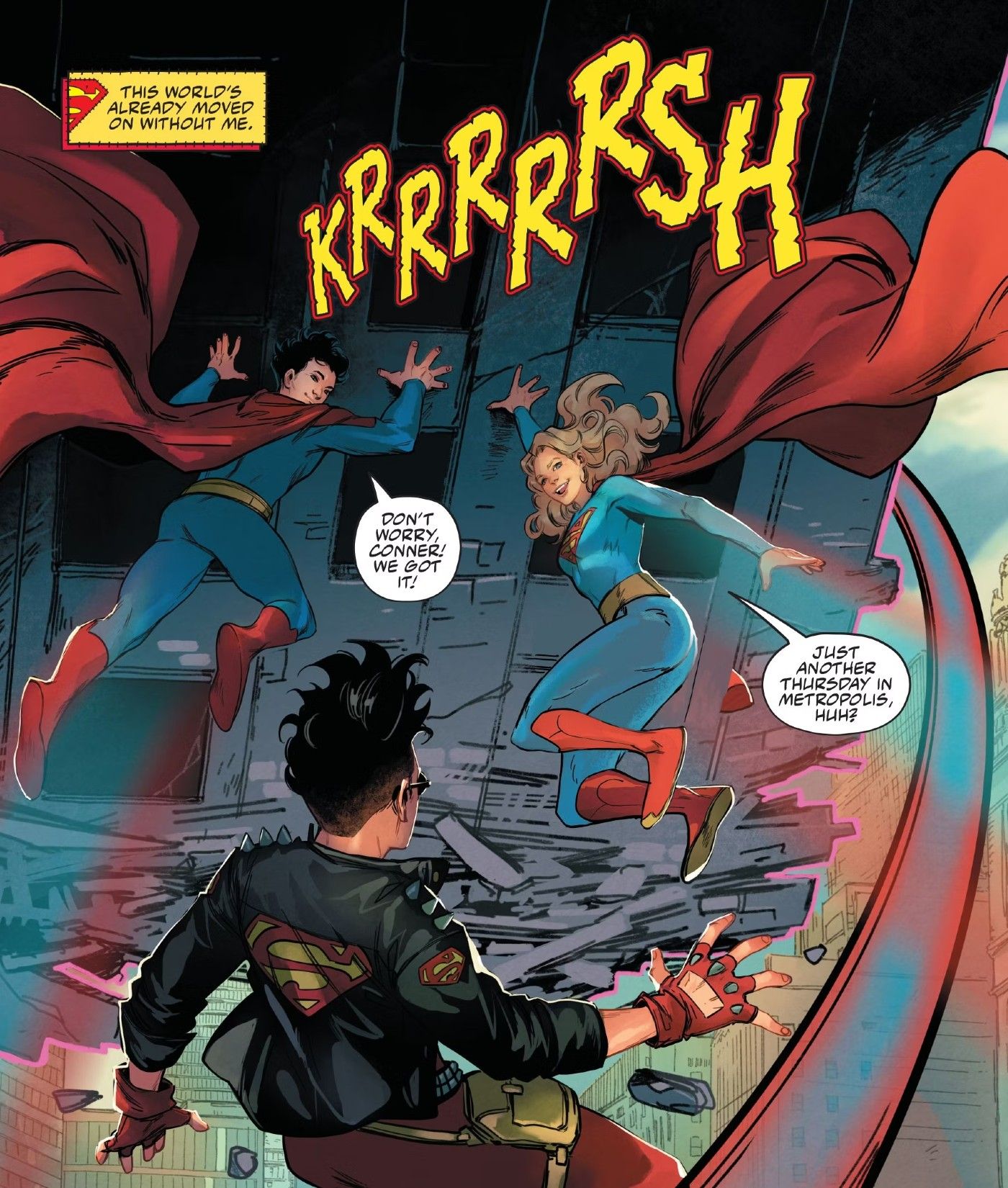 Superboy Conner Kent ve a Supergirl y Jon Kent Superman detener al Doctor Polaris-2