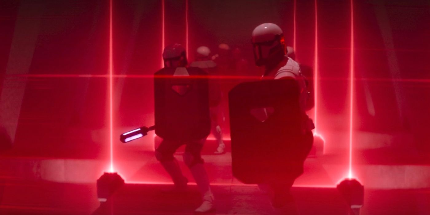 Supercommandos standing behind a Shield Barrier in The Mandalorian Season 3