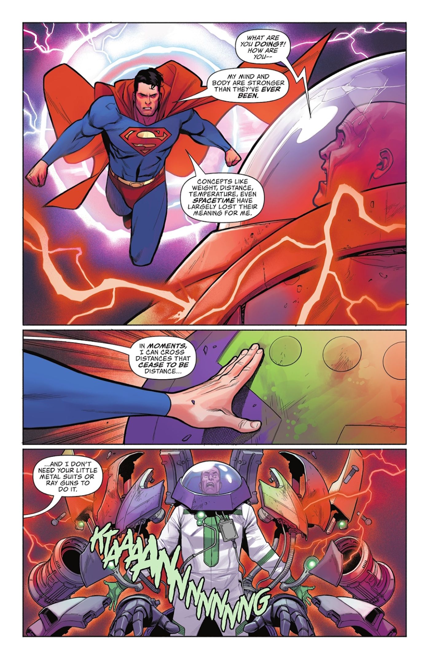 Comic book page: Superman Crosses Light Years to fight Lex Luthor.