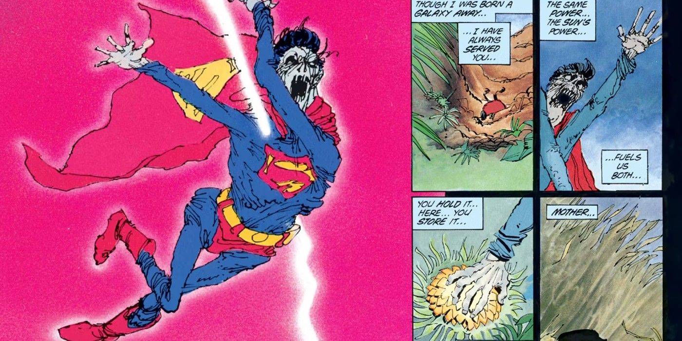 Superman is turned into a nearly lifeless ghoul by the blast of an atomic weapon