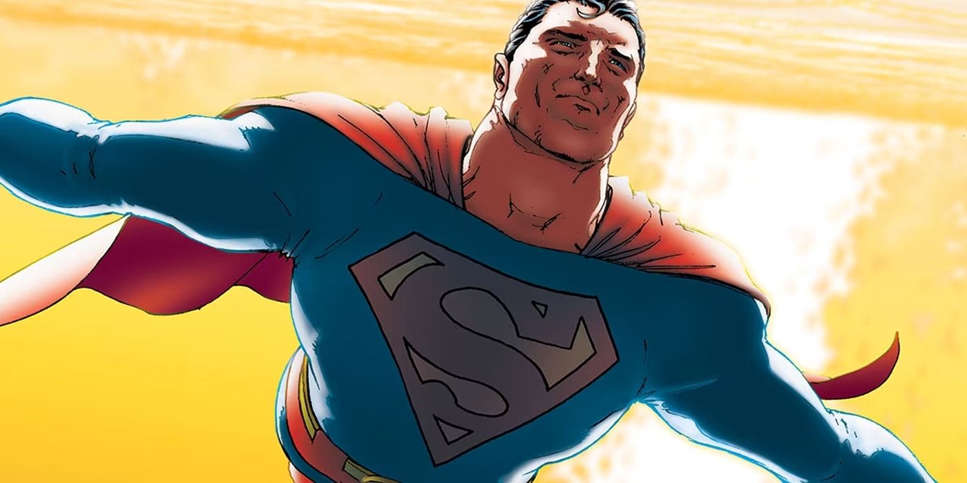 Arte em quadrinhos: Superman voa na frente do sol.