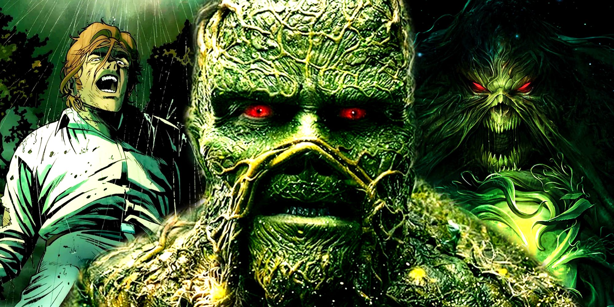 Blended image with Swamp Thing from the 2019 Series and in DC Comics
