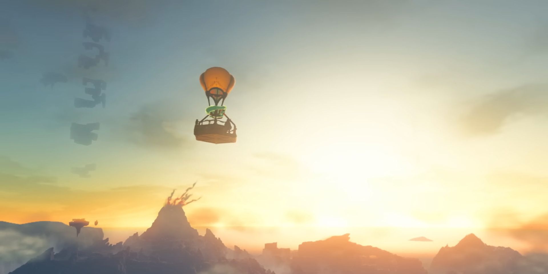 A hot air balloon from Tears of the Kingdom, floating across Hyrule's skies.