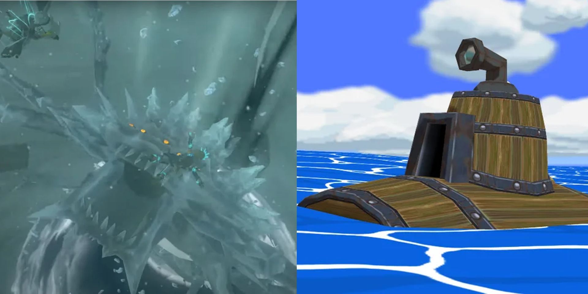 A sea monster from Tears of the Kingdom and a barrel submarine from Windwalker.