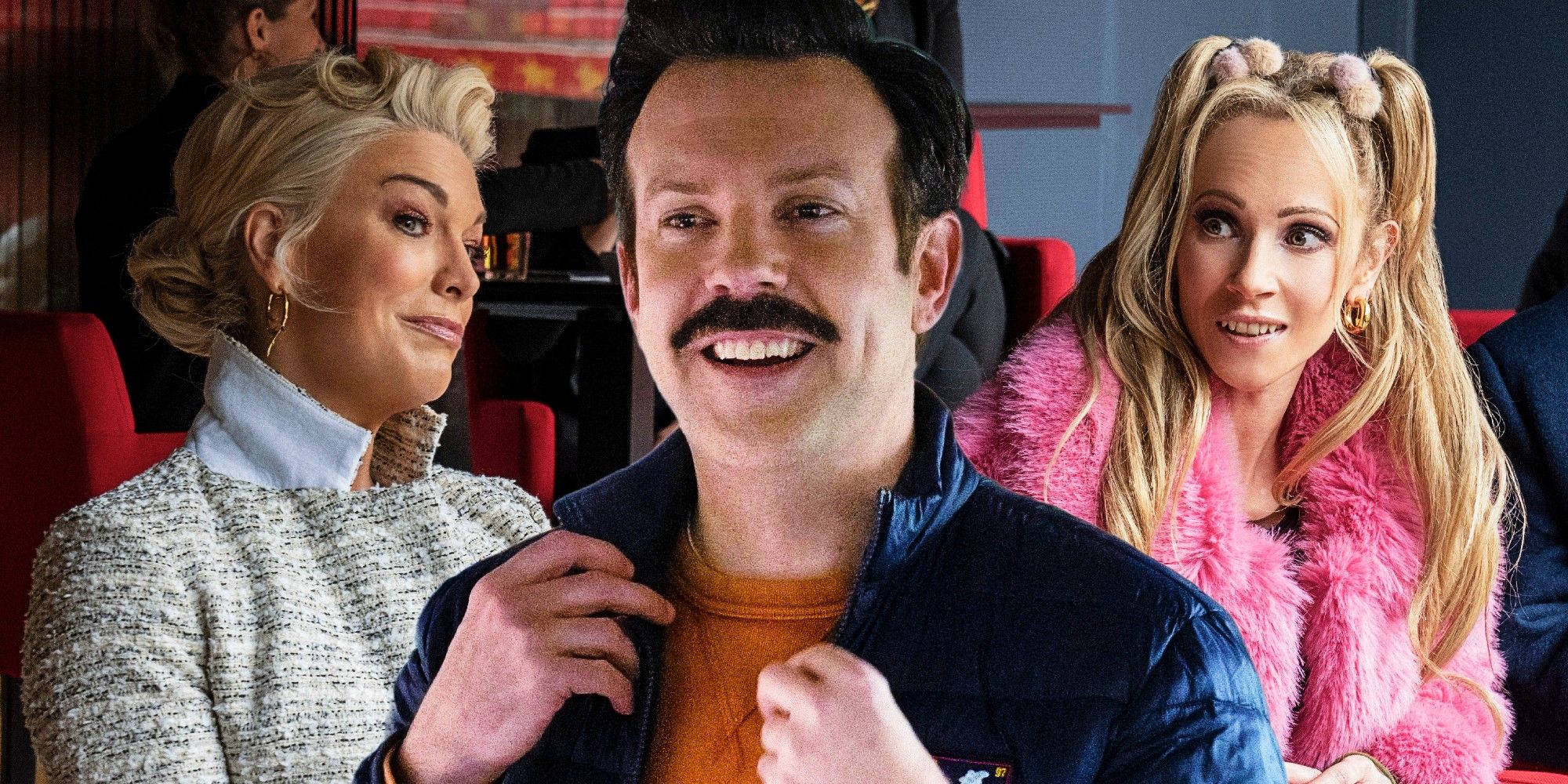 A collage of Rebecca (Hannah Waddingham), Ted (Jason Sudeikis), and Keeley (Juno Temple) in Ted Lasso