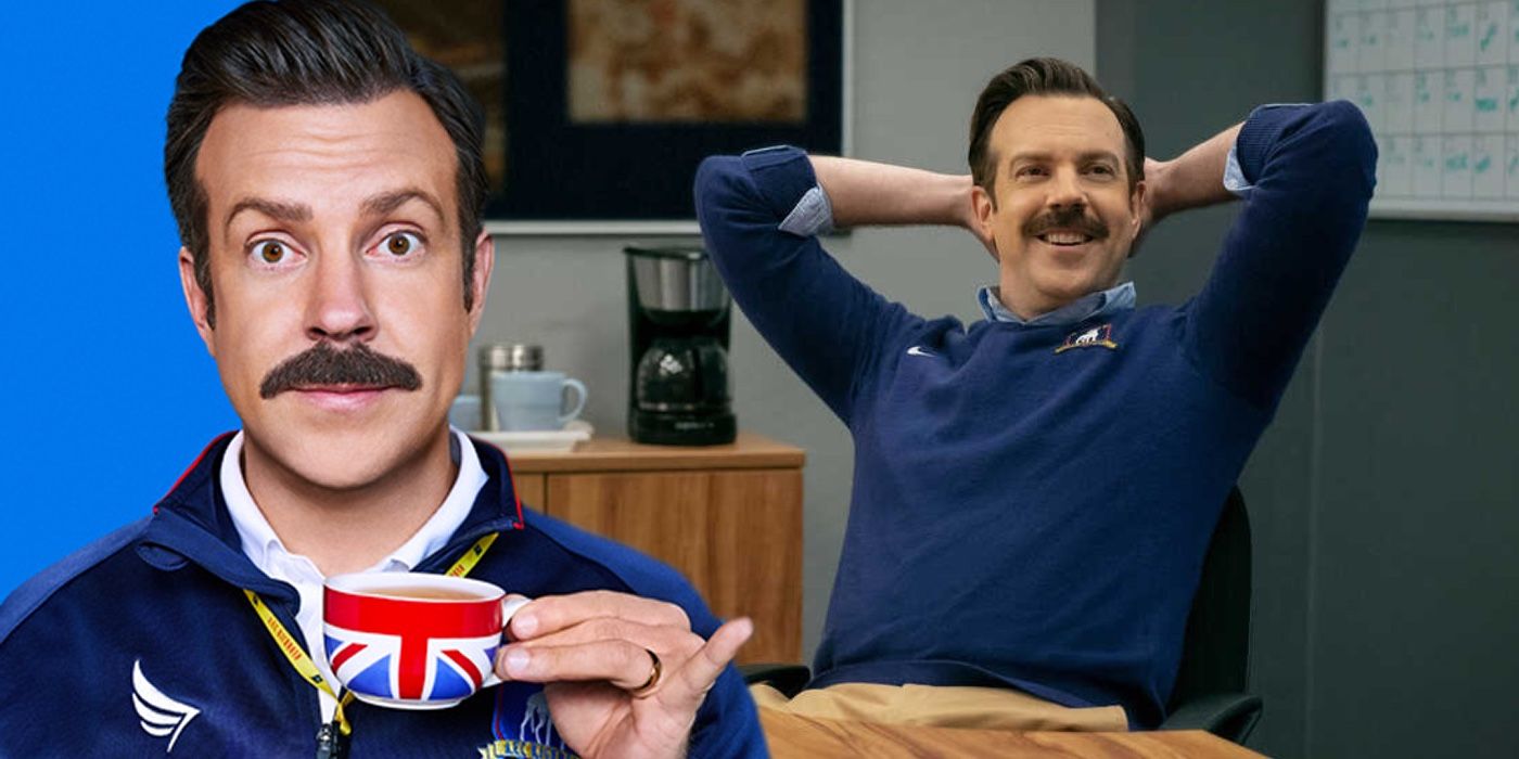 A composite image of Ted Lasso sitting in a chair and sipping tea from Ted Lasso