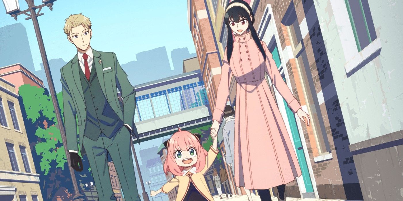 The Forger Family from Spy x Family walking together on a city street.