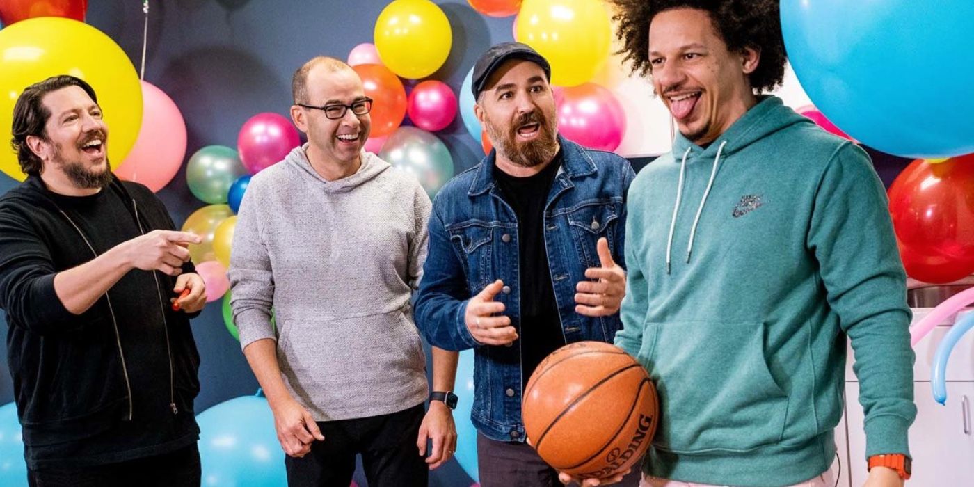 the Impractical Jokers with Eric Andre in season 9 smiling playing with balls