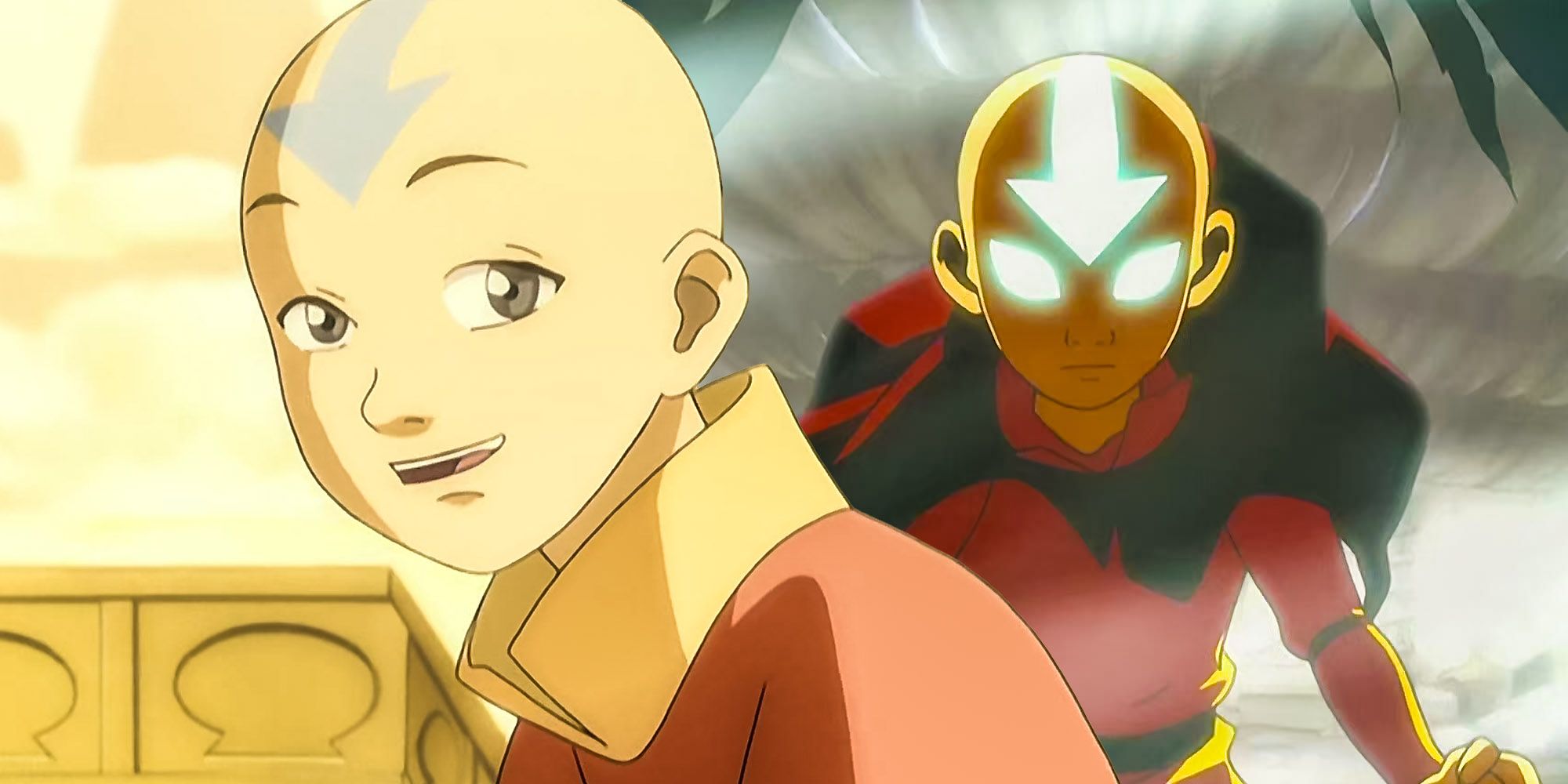 A blended image features Aang smiling and in the Avatar state in the animated Avatar The Last Airbender series